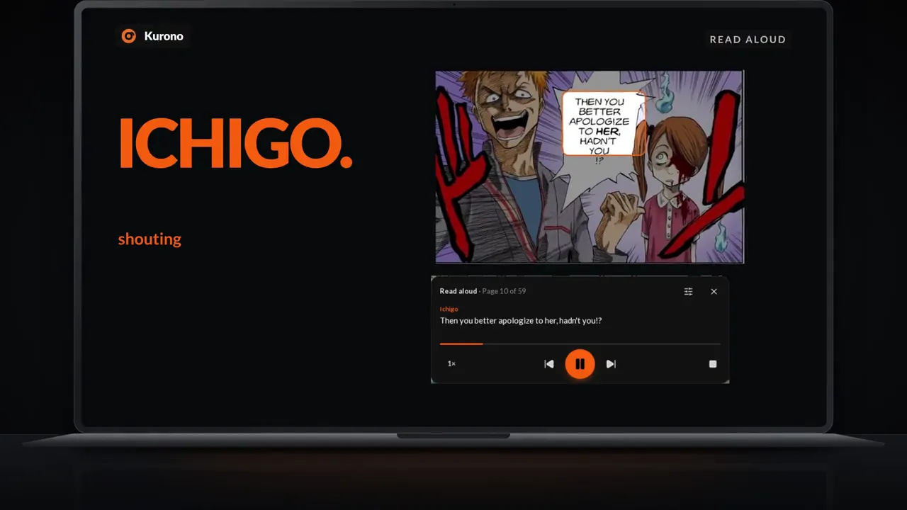The Kurono manga reader reading a Bleach page aloud, with Ichigo named as the speaker